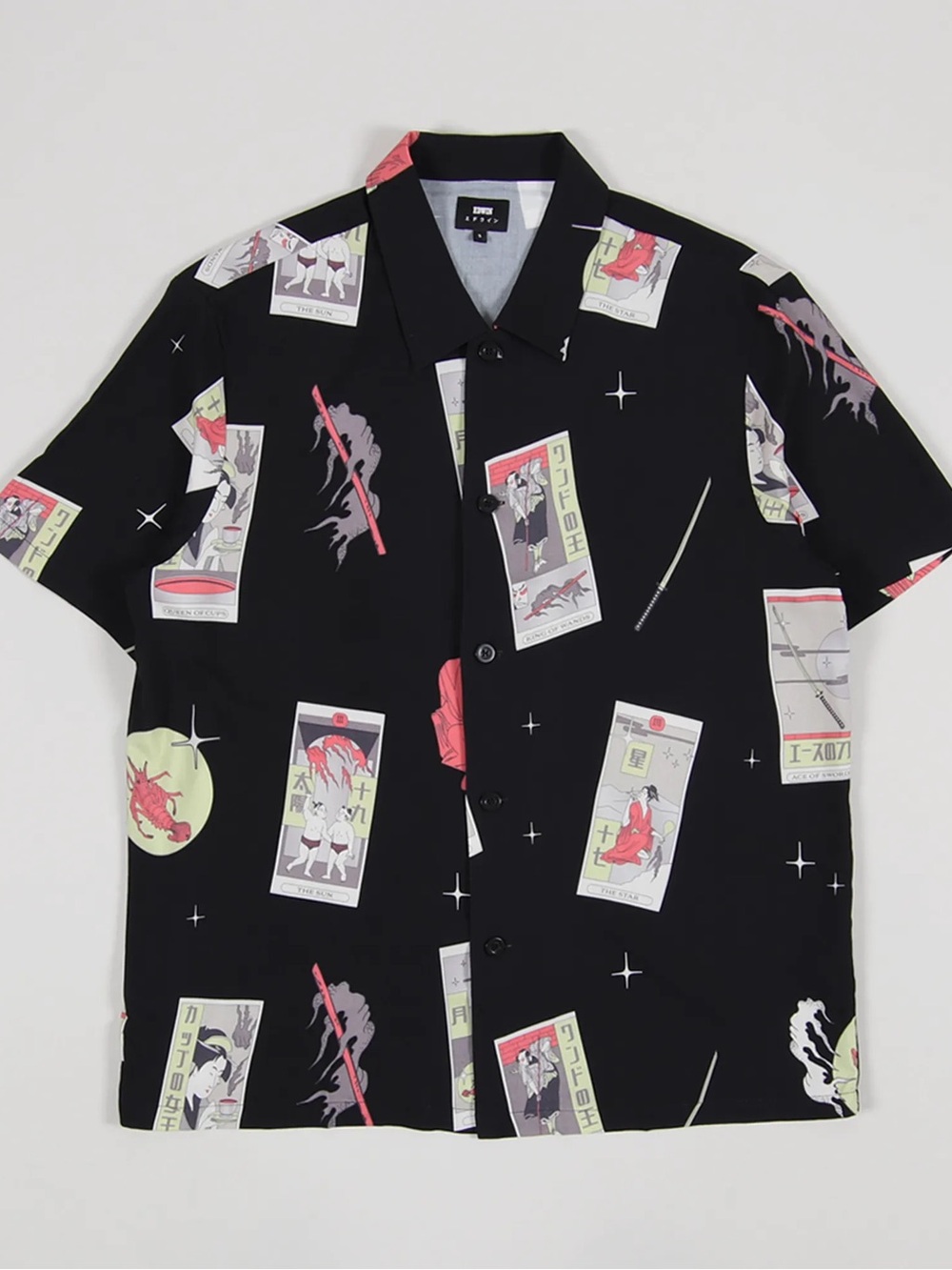 Edwin Tarot Deck Black 100% Viscose Button Up Camp Shirt Size S Japanese Print